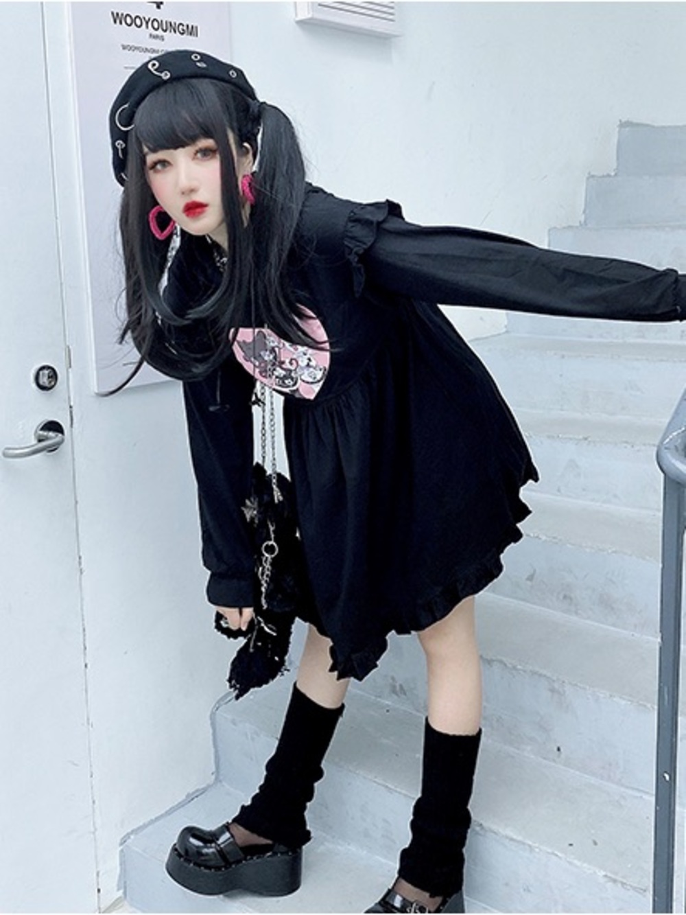 Diamond Honey Angel Demon Series Cat Print Long Sleeve Hoodie Dress Kawaii Alt S